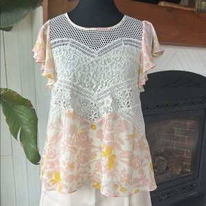 HD in Paris Embellished Flutter Sleeve Blouse in White and Pink